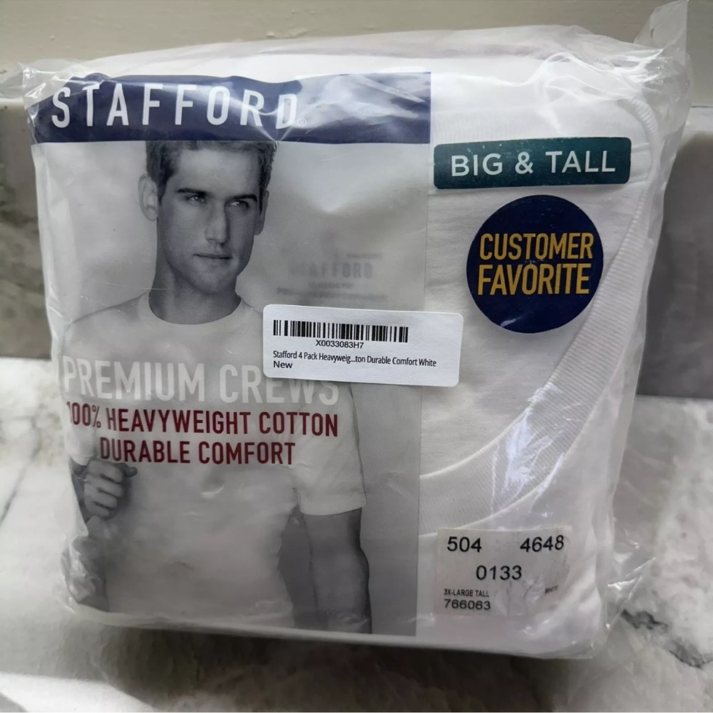 Stafford 4 Pack Mens Big & Tall Heavyweight 100% Cotton Crew Neck T Shirts White
